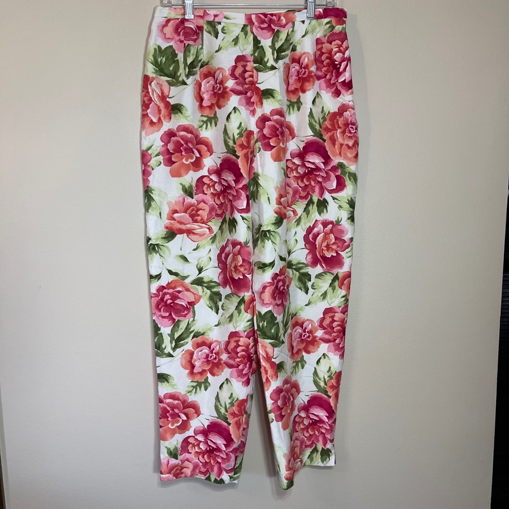 Talbots Women 12 Pink Floral Silk Pants High Rise Straight Leg Rose Print Zip